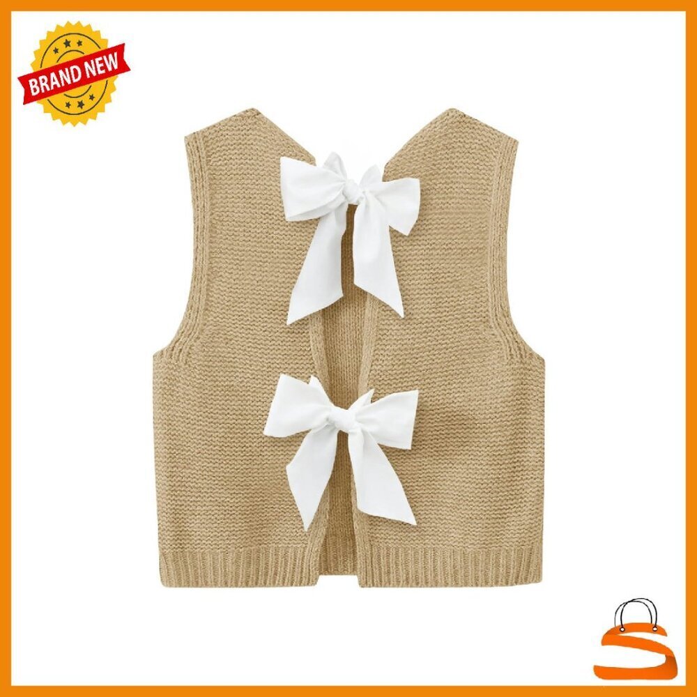Sleeveless Knit Sweater Vest with Bow Tie Back, Lightweight Crop Top